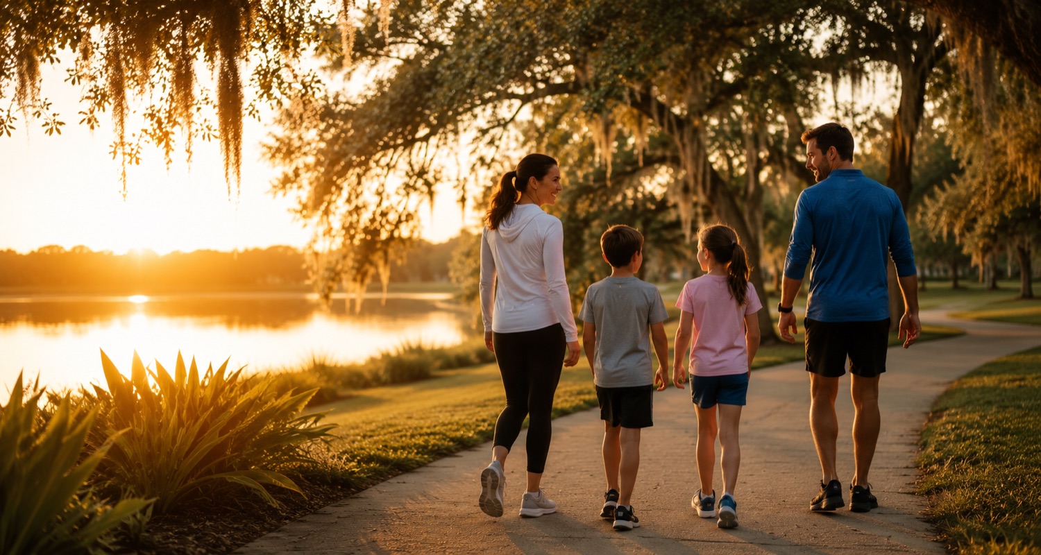A family enjoying a sunset walk together in Central Florida